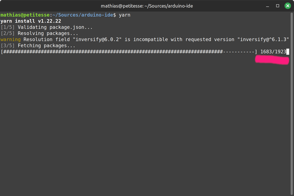 Screenshot of the yarn package manager downloading dependencies of a project. Underlined the progress indicator "reading 1683/1923 [packages installed]".