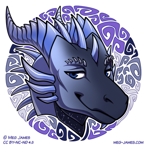 Icon of Saphira, a gray-purple dragon, framed in a decorative circle colored like the aegosexual flag.
