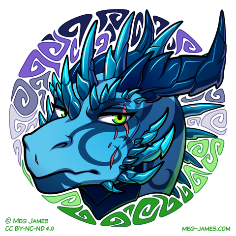 Icon of an unnamed blue dragon, framed in a decorative circle colored like the aromantic-asexual flag.