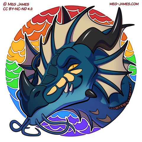 Icon of Urchin, an aquatic dragon, framed in a decorative circle colored like the rainbow Pride flag.