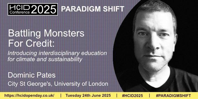 Banner for a conference talk titled ‘Battling Monsters for Credit: Introducing Interdisciplinary Education for Climate and Sustainability’. Monochrome image of male speaker, title of conference is ‘Paradigm Shift’.