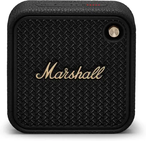 Marshall Willen Bluetooth Speaker, a small, portable black rubber covered audio speaker with a gold coloured script badge saying Marshall in the middle of the front side.