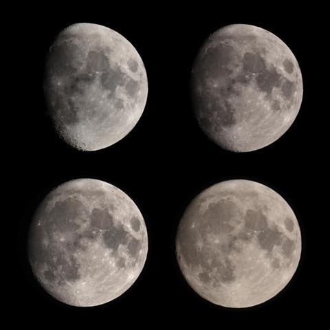 Zeitserie des zunehmenden Mondes in vier aufeinanderfolgenden Nächten vor Vollmond. Der fast volle Mond ist sichtbar beige verfärbt