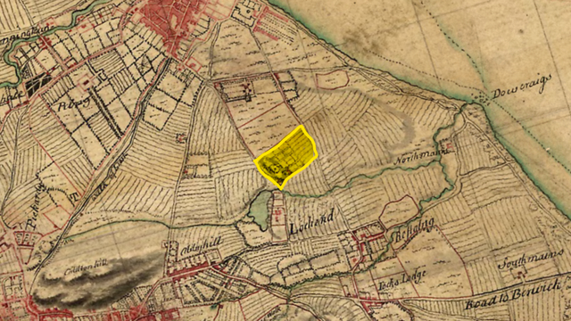 Outline of the Hawkhill lands on Roy's Lowland Map, c. 1750. Reproduced with the permission of the National Library of Scotland