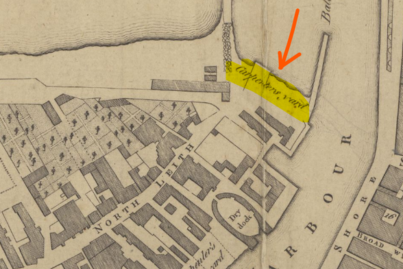 Wood's town plan showing the Simes' "Carpenters' Yard". Their dry dock is that in the centre of the map above the "A" of the word Harbour. From the collection of the WS Society. Reproduced with the permission of the National Library of Scotland