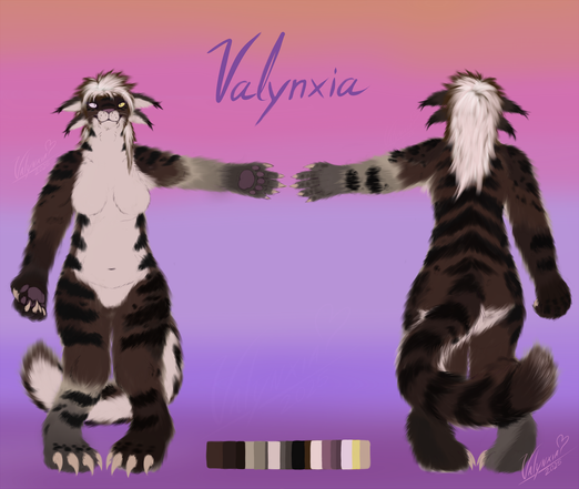 Ref sheet of a four ear'd feline, they have brown fur with dark spots and stripes, their eyes are different colour and one leans more towards yellow