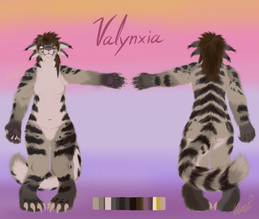 Ref sheet of a four ear'd feline, they have bright beige fur with dark spots and stripes, their eyes are different colour and one leans more towards white