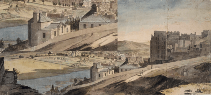 “Edinburgh & the North Lock with the Bank on Which the New Town is Built” By Paul Sandby, c. 1750. Showing inset an enlargement of the prominent house in the mid-ground. Maps K.Top.50.96.b, British Library, PD.