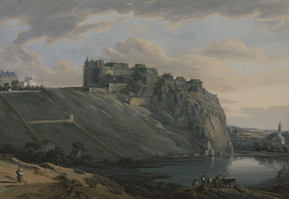 "Edinburgh Castle" by Paul Sandby, with the Guse Pye house bright and prominent on the Castle Hill. The West Kirk (St. Cuthbert's) is the church at the head of the Nor Loch on the right. CC-by-NC-ND 3.0 Tate Gallery