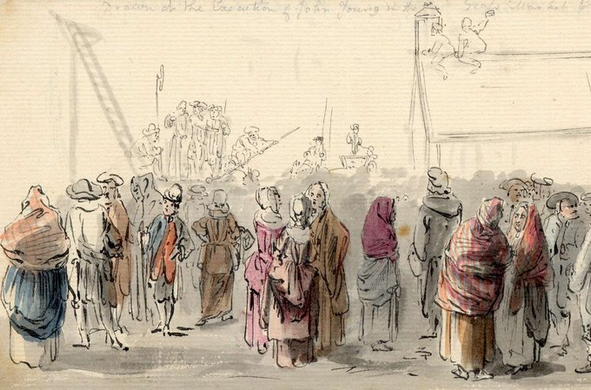 The crowd in Sandby's scene, talking amongst themselves, looking anywhere but at the "action" going on at the scaffold.