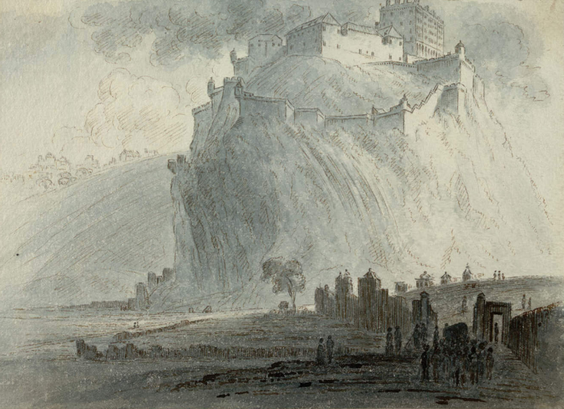 Edinburgh Castle towering above St. Cuthbert's Graveyard. James Skene 1818, © Edinburgh City Libraries