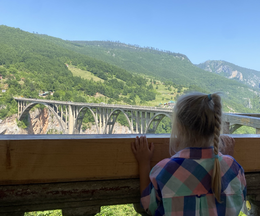 back portrait of a child looking at a bridge, green hills in the background