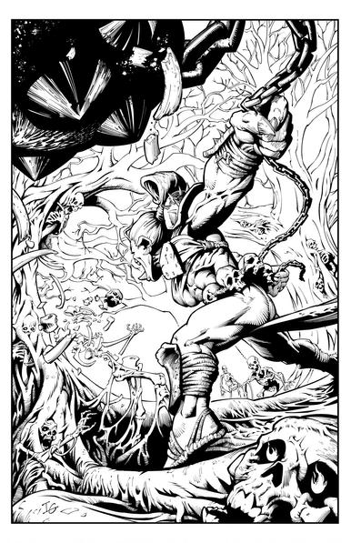 A digital ink drawing of a female orc warrior in a forest of trees that are interwoven with reanimating skeletons. She is smashing one of the skeletons with her mace.