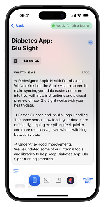→ Redesigned Apple Health Permissions
We've refreshed the Apple Health screen to make syncing your data easier and more intuitive, with new instructions and a visual preview of how Glu Sight works with your health data.

→ Faster Glucose and Insulin Logs Handling The home screen now loads your data more efficiently, helping everything feel quicker and more responsive, even when switching between views.

→ Under-the-Hood Improvements
We've updated some of our internal tools and libraries to help keep Diabetes App: Glu
Sight running smoothly.