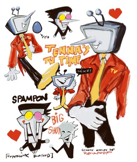 Dibujos varios de Tenna y Spamton (Deltarune).
Tenna es un personaje con cabeza de televisor antiguo con dos antenitas y una nariz picuda. Usa saco rojo con una corbata amarilla, sus manos tienen guantes blancos.

Spamton es un personaje pequeñito, con nariz picuds, lentes redondos, una lado amarillo y el otro rosa.