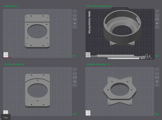 A screenshot of a 3D printer application showing several plates of parts for a ventilation system.