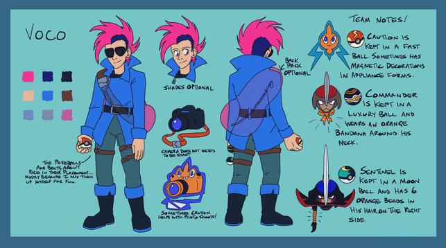 Character reference sheet for a Pokemon trainer with a pink mohawk, blue shaved sides, and sunglasses. They're wearing mostly blues, such as a blue jacket, and gray-blue leggings. Their boots are black with blue trimming. Reference notes include a camera, a Rotom form for a camera, and some team notes as follows:
- Caution (Rotom) is kept in a Fast Ball. Sometimes has magnetic decorations in appliance forms.
- Commander (Bisharp) is kept in a Luxury Ball and wears an orange bandana around his neck.
- Sentinel (shiny Kingambit) is kept in a Moon Ball and has 6 orange beads in his hair on the right side.