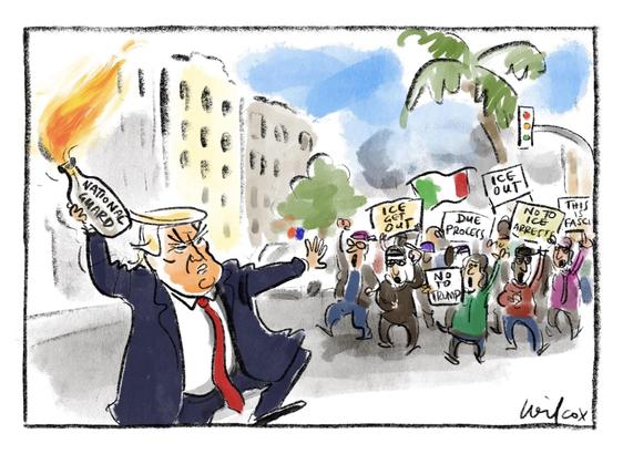 Cartoon: Trump prepares to throw a Molotov cocktail into a crowd protesting ICE raids in Los Angeles.

The bottle is marked “NATIONAL GUARD” & the cartoon is titled “inflammatory”