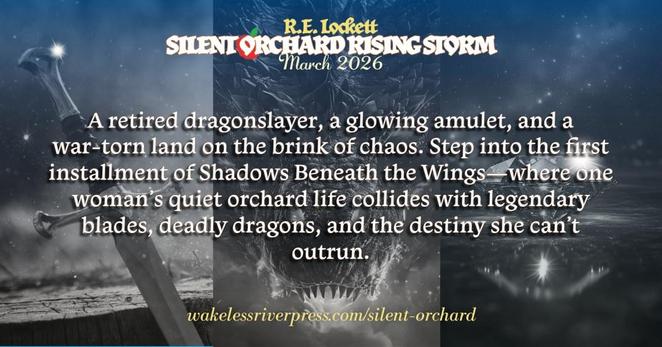 A sword, a drgon, and a jewel create a smokey background. The text states: A retired dragonslayer, a glowing amulet, and a war-torn land on the brink of chaos. Step into the first installment of Shadows Beneath the Wings—where one woman’s quiet orchard life collides with legendary blades, deadly dragons, and the destiny she can’t outrun.