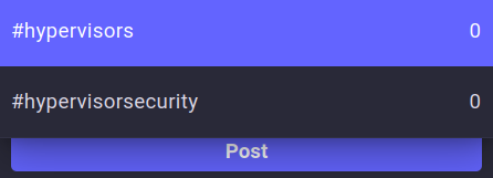 An infosec.exchange mastodon auto-complete showing zero hits for 'hypervisor'.