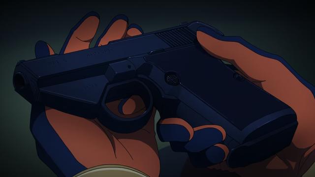 A screencap from episode ten of Gundam Gee Kwahks. Machu handles a pistol based on a World War Two era Walther sidearm, as is traditional for Zeon sidearms in Gundam. The markings label it as a Walta.