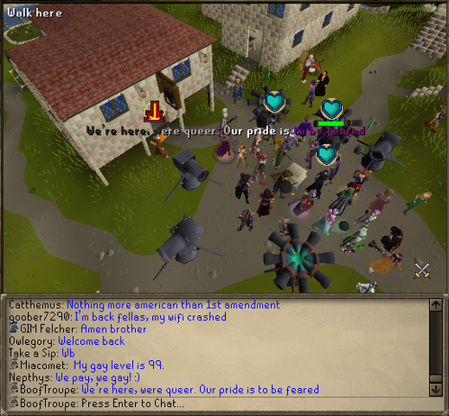 A pride protest in old school runescape. Many players in their pride cosmetics are in Falador square. Mottos include "We pay, we gay!", "We're queer, we're queer. Our pride is to be feared", and "My gay level is 99."