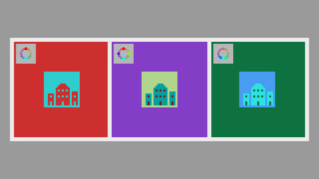 Three pixel art cityscape images using different colour combinations