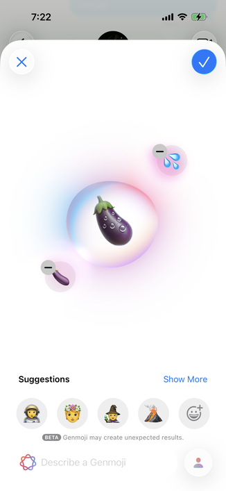 ios genmoji feature trying to mix an eggplant and water droplets results in an eggplant with beaded up water droplets