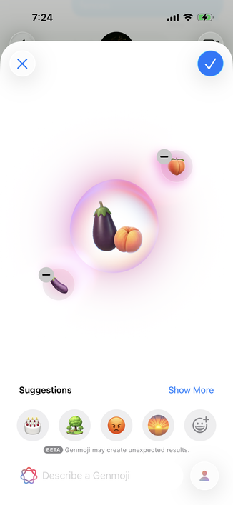 mixing an eggplant and a peach results in an eggplant next to a peach