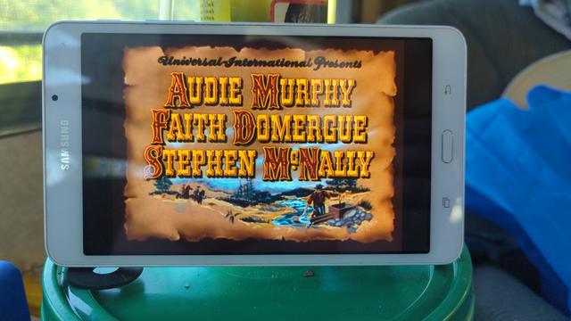 Photo of the title screen for The Duel At Silver Creek [1952] playing on my crappy old tablet.