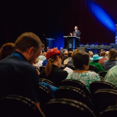 Clint Pressley, president of the Southern Baptist Convention, speaking Tuesday at the denomination’s annual meeting in Dallas.