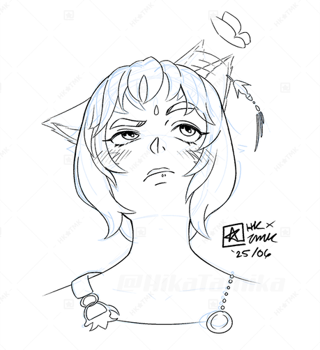 Drawing of a catgirl who flicks her ear in response to a butterfly landing on it.