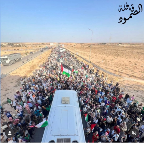 Drone shot of a large crowd of people surrounding a motorcoach along a long highway. Several large flags of Palestine are visible among the crowd. The surrounding landscape appears desert-like.