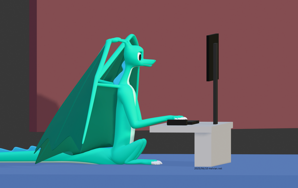 A 3D visualization of me, a four-legged green-tealish dragon, sitting up on my hind legs and in front of a computer desk, with my forefeet/hands resting on the keyboard and a monitor directly aligned with the position of my head. The setup is similar to many of those ergonomic guides for humans; head should be positioned level and look straight towards the monitor, elbows are at a roughly 90-degree angle, posture is fairly upright and not slouched. Except that with me being a four-legged dragon, my long front legs/arms cause the desk to be much lower, and that combined with my longer neck causes the monitor to be raised much *much* higher. Also I'm sitting on the floor, rather than a chair like a human would, because chairs don't make sense for four-legged dragons (except for really small ones).