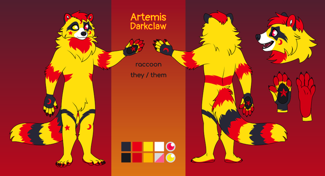 Artemis Darkclaw is a yellow, red, and black anthro raccoon. They have black mask markings over their eyes, a tail striped in all three colors, and other assorted stripes on their arms, legs, and back. The black marking over their left eye is shaped like a shooting star. On their face, hands, and legs are red markings shaped like stars and crescent moons. Their left eye is red and their right eye is yellow.