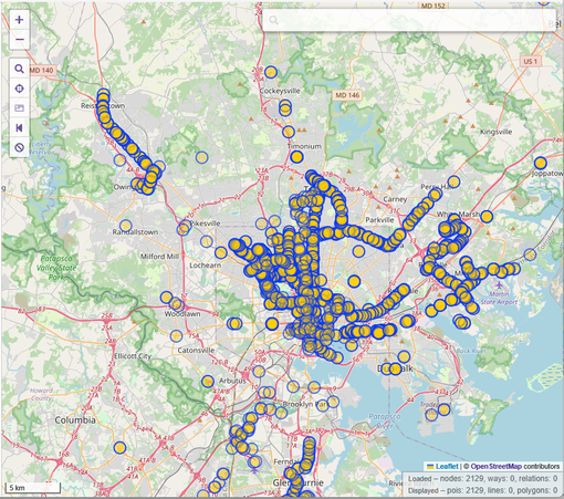 Baltimore Metro area bus stops with or without relationships.