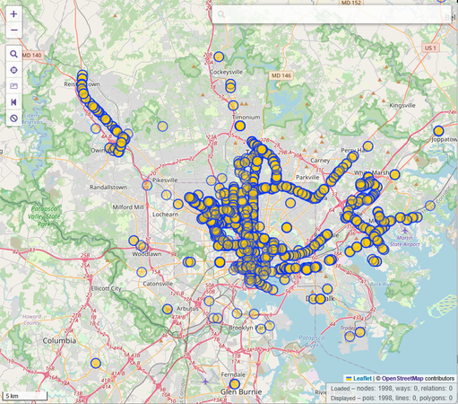 Baltimore Metro area bus stops with or without relationships.