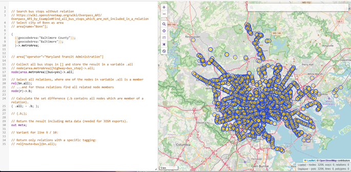 Baltimore Metro area bus stops with or without relationships.