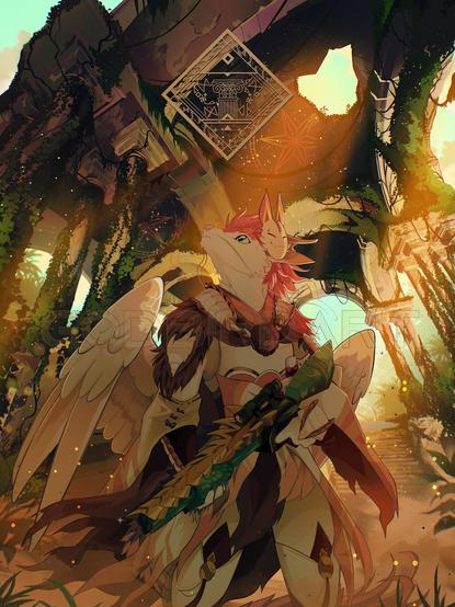 image is a digitally illustrated portrait of an anthropomorphic dragon character standing beneath an overgrown ancient structure littered with foliage and wear. the dragon is wearing a fantastical style armor and holding a bowgun, specifically a model from the game Monster Hunter.
