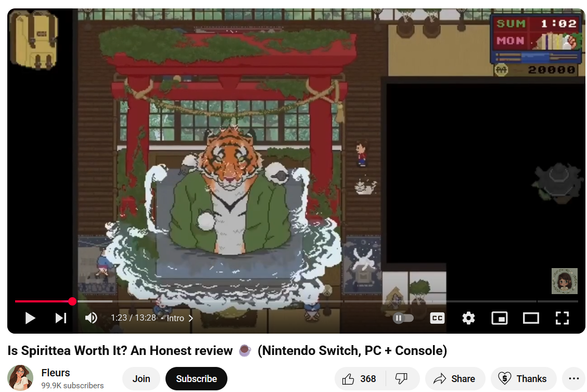 Screenshot from Fleus review about Spirittea. Water is splashing all around after a giant tiger drops in the tub.