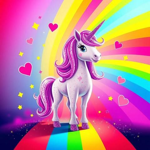 Image with seed 3864349343 generated via Stable Diffusion through @stablehorde@sigmoid.social. Prompt: rainbow glitter unicorn kitsch poster