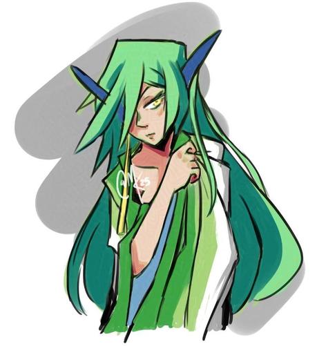 My fishgirl OC, Mythril, with an Aromantic flag draped over her shoulders. She's looking off to the side shyly.
