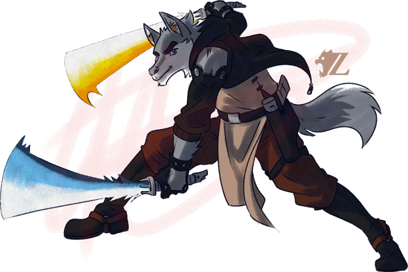 Sluether in a combat stance dual wielding lightsabers in the aroace colors (one blue and one yellow) with a holstered pistol.