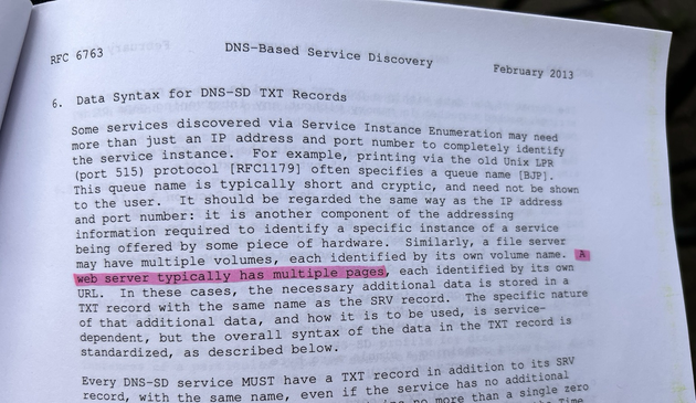 The DNS-SD spec with the following highlighted: “a web server typically has multiple pages”