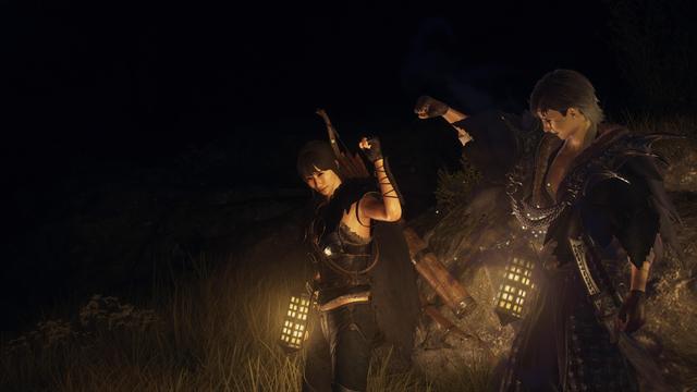 Ashrah and Sareena in Dragon's Dogma 2 celebrating another victory with a fist bump.