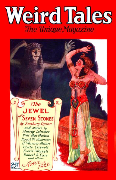 A woman in harem-type clothing raises her hands in horror as a grey-skinned mummy-like figure with glowing eyes approaches her.
Weird Tales magazine cover from 1928.