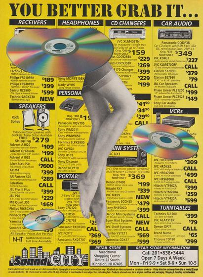 floating music CDs, naked legs, an ad for Sound City from 1991
