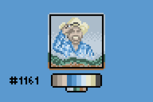 Pixel art of Jimmy Barnes aka the Screaming Cowboy from the music video for "Big Enough". He's wearing a blue and white plaid shirt and has one hand up holding his off-white cowboy hat, while he winces and screams. His giant form looms above the landscape, dissolving into the fog where the sky meets the land.