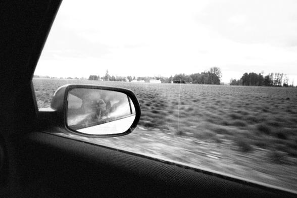 A black and white photo taken from the passenger seat of a moving car. A blurry field can be seen in the background with a reflection of the photographer (me!) in the side-view mirror.