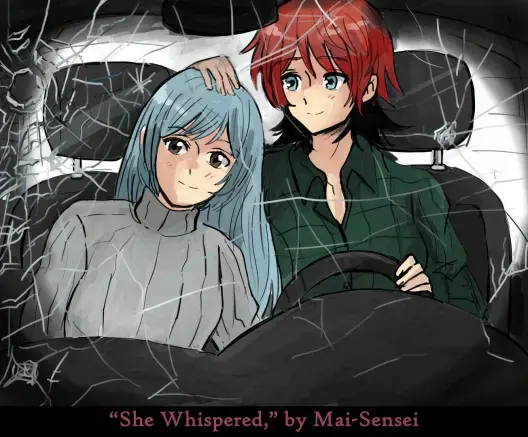 A woman with blue hair leans on the shoulder a butch woman with short read hair. They are seen through a shattered windshield.